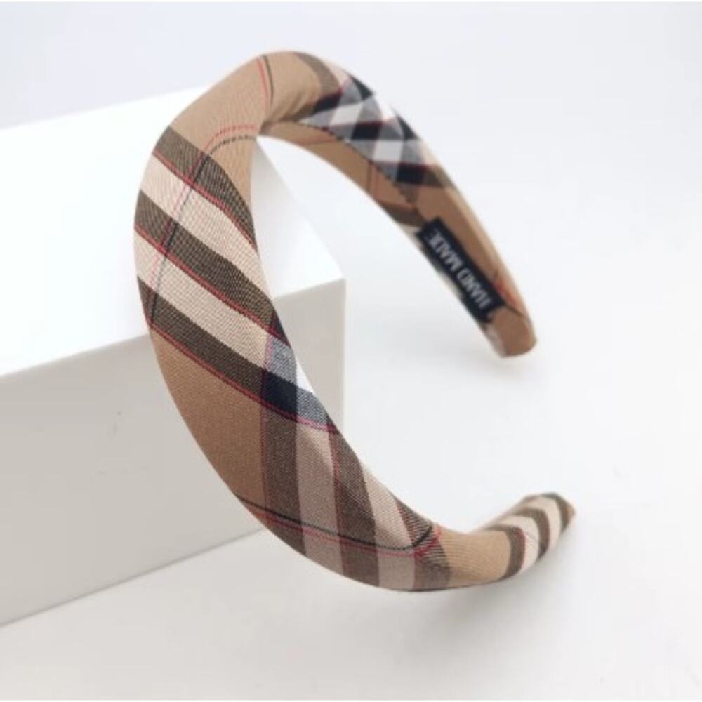 Women's Beige Retro Plaid Padded Headband Classic Tartan Style